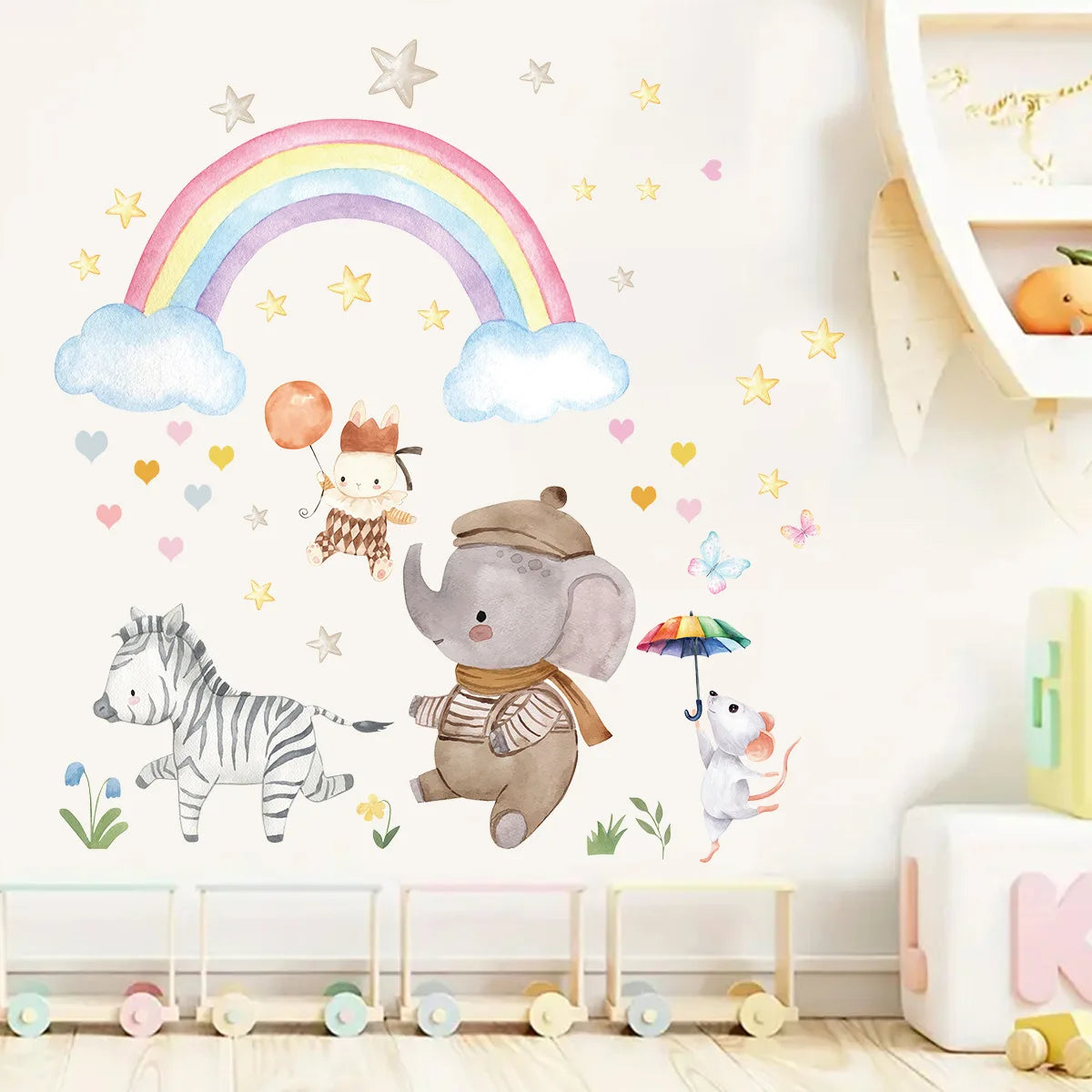 Muursticker 'Olifant, Zebra & Regenboog'