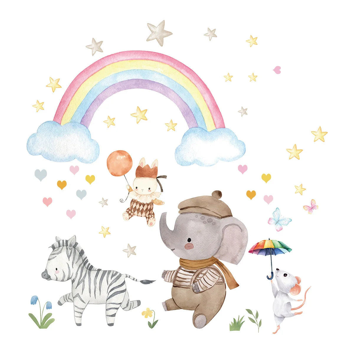 Muursticker 'Olifant, Zebra & Regenboog'