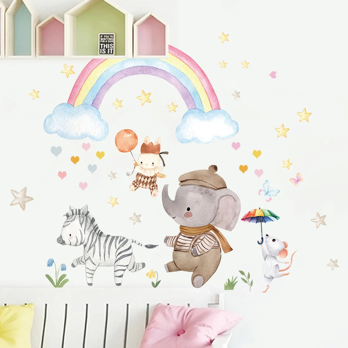 Muursticker 'Olifant, Zebra & Regenboog'
